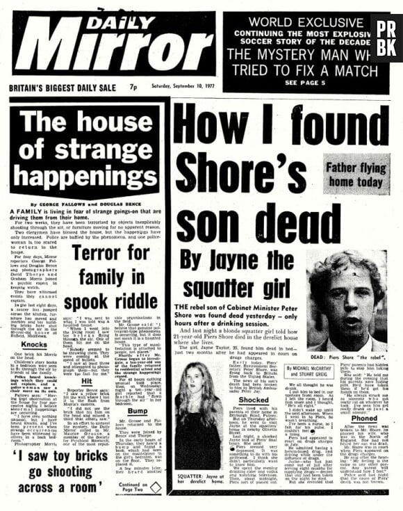 Le cas Enfield en couverture du Daily Mirror en 1977