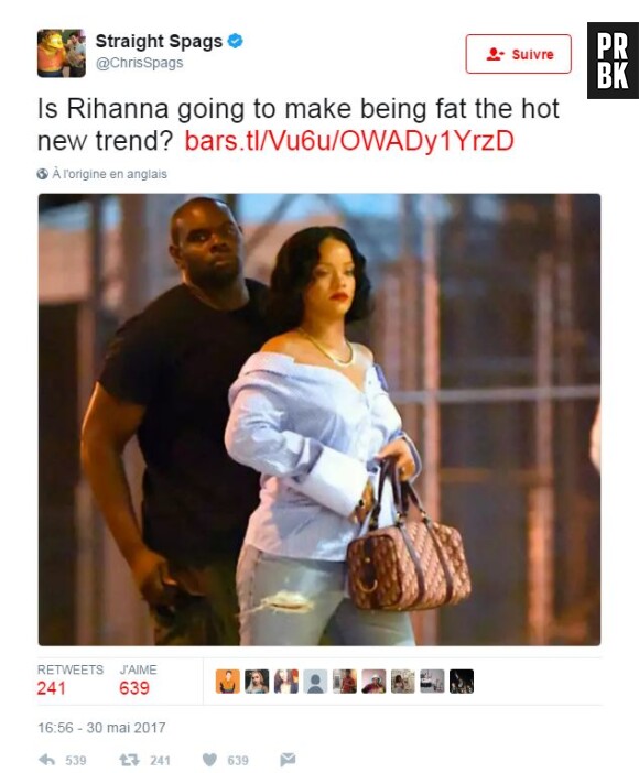 Rihanna attaquée par Chris Spags, un bloggeur américain, qui a écrit un article intitulé : "Est-ce que Rihanna va rendre tendance le fait d'être grosse ?" sur le site de Barstool Sports.