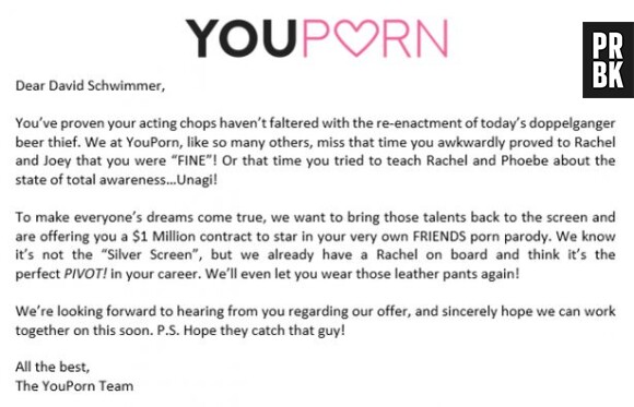 Friends : une parodie porno avec David Schwimmer (Ross) ? YouPorn lui offre 1 million de dollars