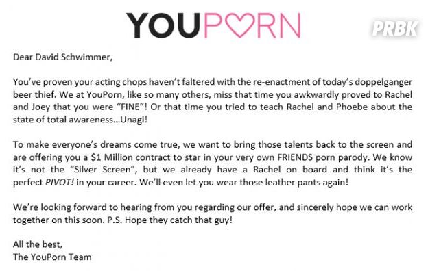 Friends : une parodie porno avec David Schwimmer (Ross) ? YouPorn lui offre 1 million de dollars
