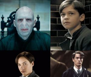 Harry Potter : Ralph Fiennes en haut à gauche, Hero Fiennes-Tiffin en haut à droite, Frank Dillane en bas à gauche et Christian Coulson en bas à droite