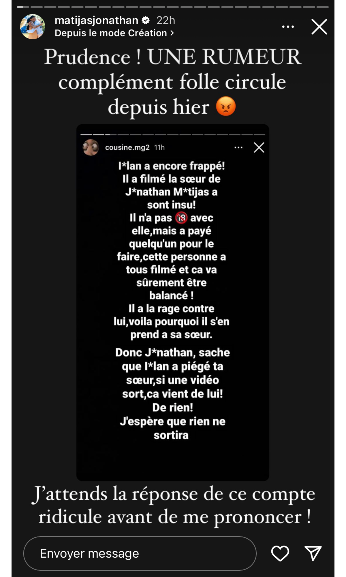 Photo : Illan Cto aurait une sextape de la soeur de Jonathan Matijas