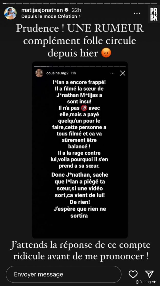 Illan Cto aurait une sextape de la soeur de Jonathan Matijas, et la "preuve" qu'il aurait trompé Shanna Kress. Le coupole réagit et dément !