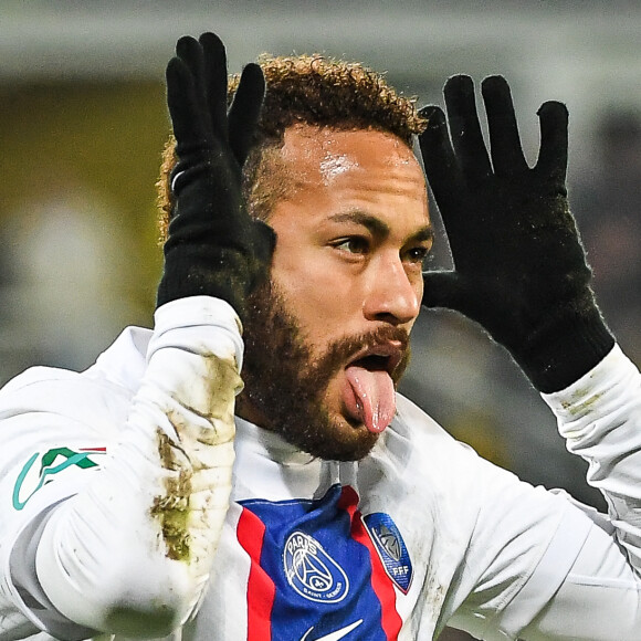 Celebration de Neymar après son but - Match de 16ème de finale de la Coupe de France 2023 "Pays de Cassel - PSG (0-7)" au stade Bollaert-Delelis à Lens, le 23 janvier 2023. © Matthieu Mirville/Zuma Press/Bestimage