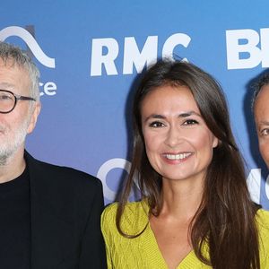 Laurent Ruquier, Julie Hammett et Marc-Olivier Fogiel lors de la conférence de presse de rentrée BFM TV. - RMC du groupe Altice France à Paris, France, le 31 août 2023. © Coadic Guirec/Bestimage