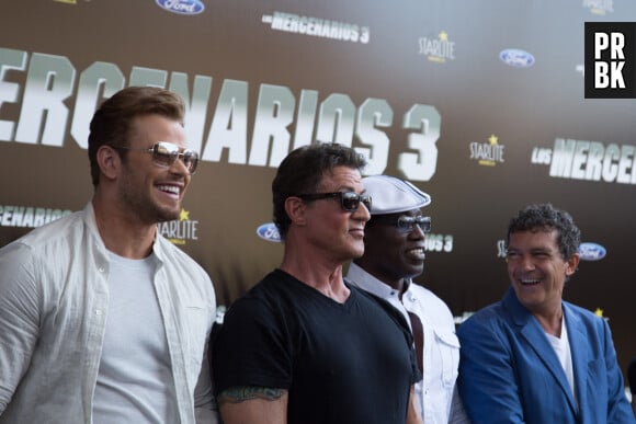Kellan Lutz, Sylvester Stallone, Wesley Snipes et Antonio Banderas - L'équipe du film "Expendables 3" lors d'un photocall et une conférence de presse à Marbella, le 5 août 2014.
