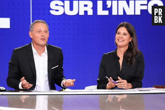 Marc-Olivier Fogiel et Apolline de Malherbe lors de la conférence de presse de rentrée BFM TV. - RMC du groupe Altice France à Paris, France, le 31 août 2023. © Coadic Guirec/Bestimage