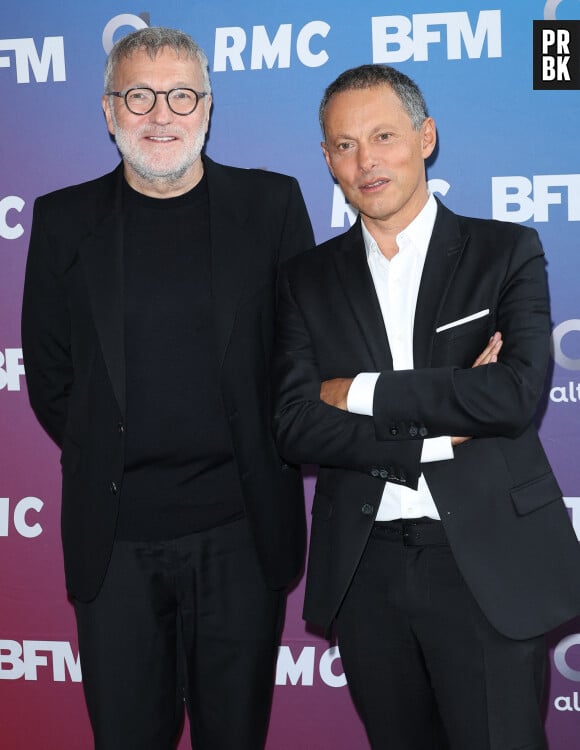 Laurent Ruquier et Marc-Olivier Fogiel lors de la conférence de presse de rentrée BFM TV. - RMC du groupe Altice France à Paris, France, le 31 août 2023. © Coadic Guirec/Bestimage