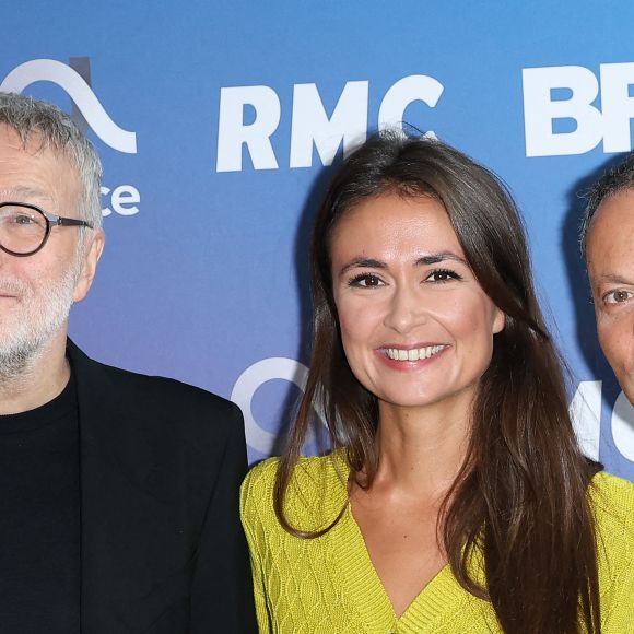 Laurent Ruquier, Julie Hammett et Marc-Olivier Fogiel lors de la conférence de presse de rentrée BFM TV. - RMC du groupe Altice France à Paris, France, le 31 août 2023. © Coadic Guirec/Bestimage 