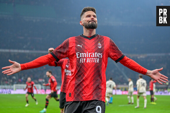 Milano, Italy. 14th, January 2024. Olivier Giroud (9) of AC Milan scores for 2-0 during the Serie A match between AC Milan and Roma at San Siro in Milano. 