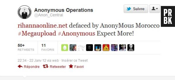 Anonymous confirme sur Twitter le piratage du site de fans de Rihanna
