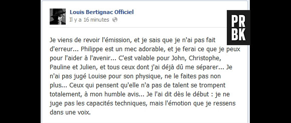 Le message de Louis Bertignac sur Facebook posté mardi 10 avril 2012