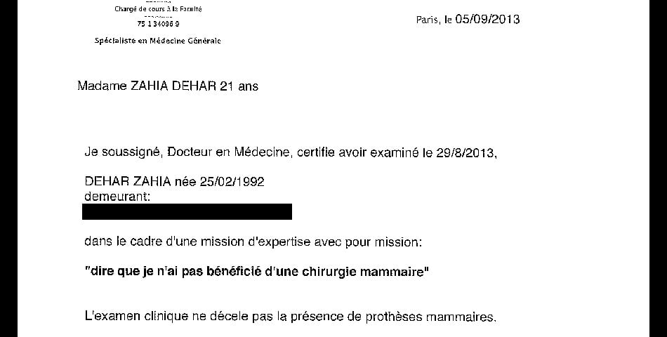 Zahia Dehar : le certificat medical attestant qu&#039;elle n&#039;a pas bénéficié d&#039;une chirurgie mammaire