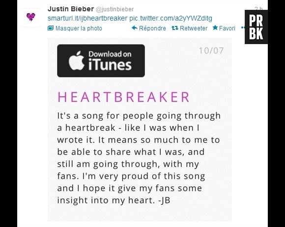 Justin Bieber explique son titre Heartbreaker sur Twitter