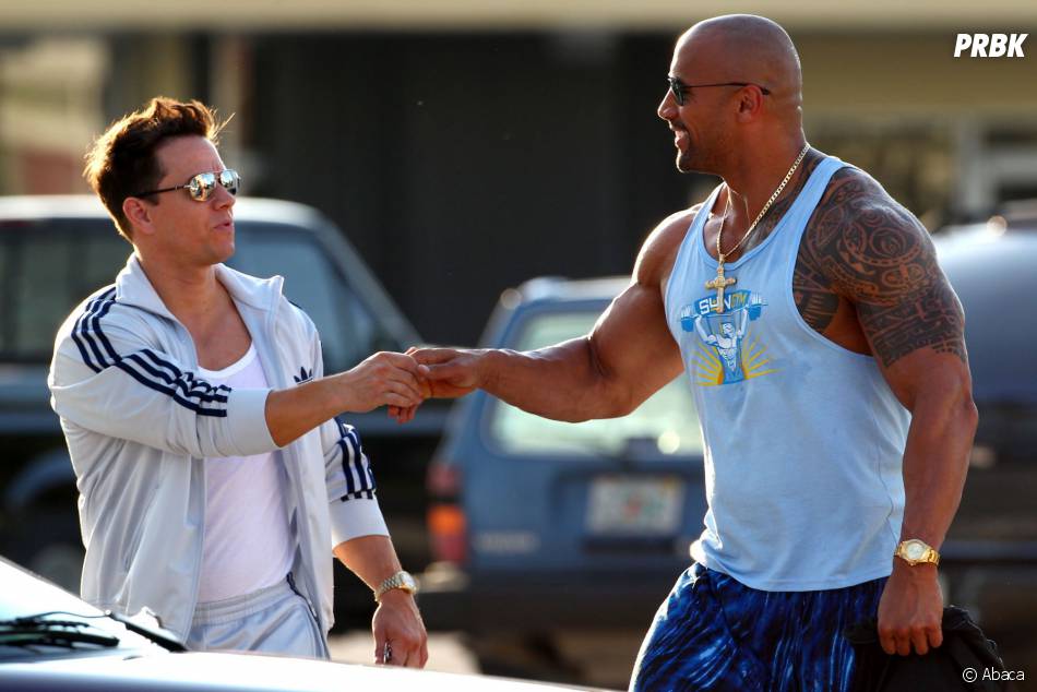 Dwayne Johnson et Mark Wahlberg sur le tournage de No Pain No Gain, le 4 avril 2012 à Miami