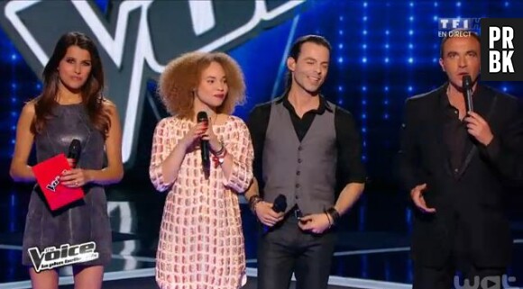 Karine Ferri, Rubby et Nikos Aliagas lors du prime du 19 avril 2014 de The Voice 3