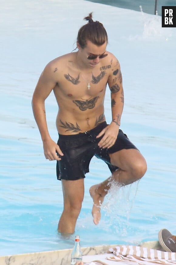Harry Styles : torse nu, il exhibe ses tatouages à la piscine de son hôtel, le 8 mai 2014 au Brésil