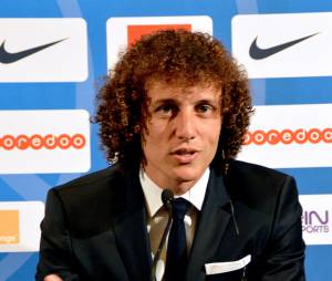 David Luiz en conf&eacute;rence de presse lors de son arriv&eacute;e au PSG, le 7 ao&ucirc;t 2014 &agrave; Paris