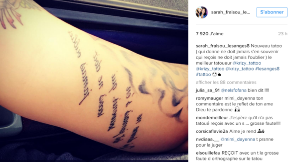 Sarah Fraisou (Les Anges 8) dévoile son nouveau tatouage XXL... avec une faute d'orthographe !