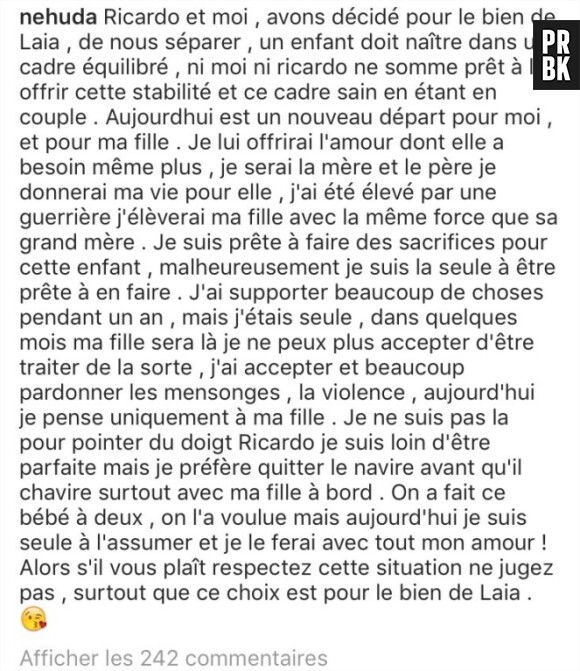 Ricardo Pinto et Nehuda séparés : elle s'explique sur leur rupture