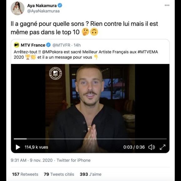 Aya Nakamura clashe M Pokora après sa victoire aux MTV EMA 2020