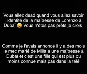 Milla Jasmine trompée par Lorenzo ? Il aurait été infidèle avec une maîtresse et son ex femme.