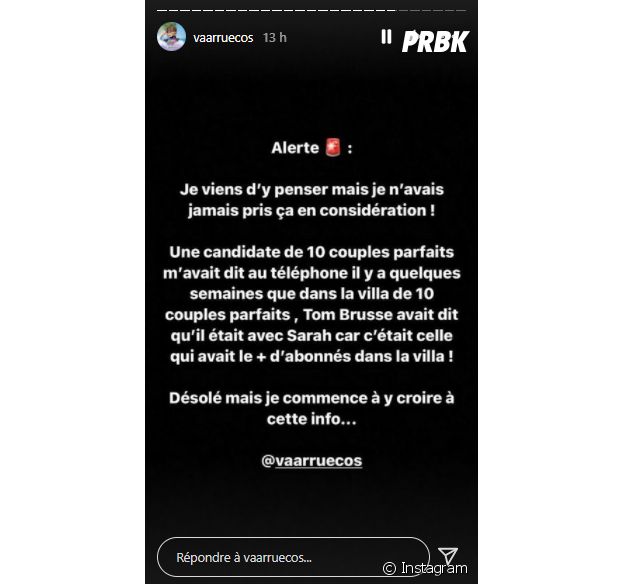 Sarah Lopez larguée par Tom Brusse en direct de Secret Story Espagne. La candidate aurait été utilisée par Tom pour sa notoriété, il n'aurait pas été sincère avec elle dans 10 couples parfaits 5.