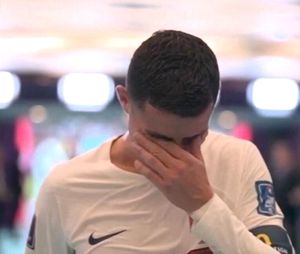 Cristiano Ronaldo en pleurs à la fin du match Portugal-Maroc qui a vu son équipe se faire éliminer en quart de finale lors de la coupe de Monde de football,  le 10 décembre 2022.