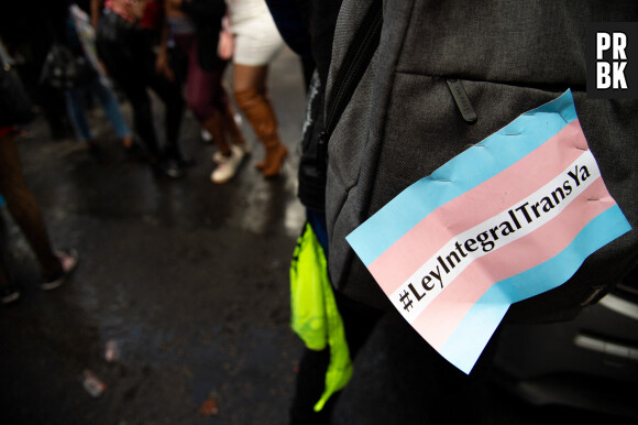 A trans pride flag with the message 'Integral Trans Law Now' during the 'Yo Marcho Trans' annual transgender communities pride parade in Bogota, Colombia, July 7, 2023. Photo by: Chepa Beltran/Long Visual Press/ABACAPRESS.COM