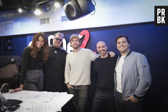 Exclusif - Diane Leyre, Miss France 2022 et animatrice de radio, Guillaume Genton, animateur radio, Philippe Lacheau, Julien Arruti, Fabien Delettres pour la promotion du film "Alibi.com 2" lors de la matinale de la radio Europe 2 "Le Morning sans filtre" de 6H-9H30 animée par G.Genton, F.Delettres, D.Leyre à Paris, France, le 7 février 2023. © Jack Tribeca/Bestimage