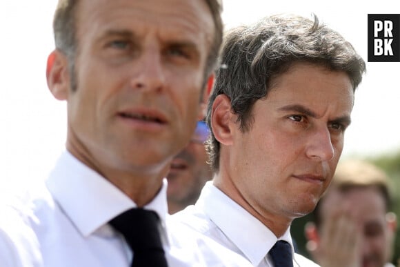 Le président français Emmanuel Macron et le ministre de l'éducation, Gabriel Attal se rendent dans les Pyrénées-Atlantiques, à Orthez, aux côtés des élèves et personnels du collège Daniel Argote, à l’occasion de la rentrée scolaire, France, le 5 septembre 2023. © Stéphane Lemouton/Bestimage 