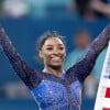 Simone Biles célèbre devant son compagnon Jonathan Owens et ses parents Nellie Biles et Ronald Biles - Les célébrités assistent aux épreuves de Gymnastique artistique féminine, finale du concours général lors des Jeux Olympiques de Paris 2024 (JO) au Palais omnisports Bercy Arena, à Paris, France, le 1er août 2024. © Jacovides-Perusseau/Bestimage