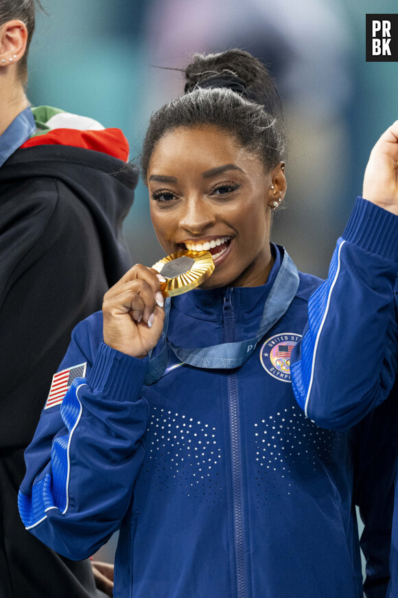 La sportive Simone Biles - Célébrités assistent aux épreuves de gymnastique lors des Jeux Olympiques de Paris 2024 (JO) au Palais omnisports Bercy Arena, à Paris, France, le 30 juillet 2024. © Jacovides-Perusseau/Bestimage