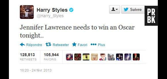 Harry Styles est fan de JLaw et n'hésite pas à le tweeter.