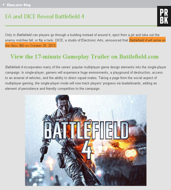 Selon le blog Xbox, Battlefield 4 sortirait le 29 octobre sur PS3 et Xbox 360