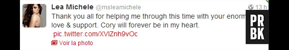Mort de Cory Monteith : le message de Lea Michele à ses fans sur Twitter