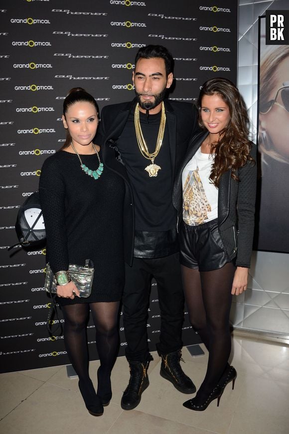 La Fouine avec Angel Chow Toun et Malika Ménard à la soirée Italia Independent de Grand Optical, à Paris, le 12 décembre 2013