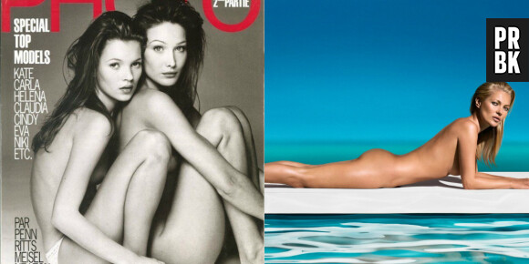 Kate Moss : en 1993, elle pose timidement avec Carla Bruni. En 2013, la blonde est l'égérie nue des produits autobronzants St Tropez