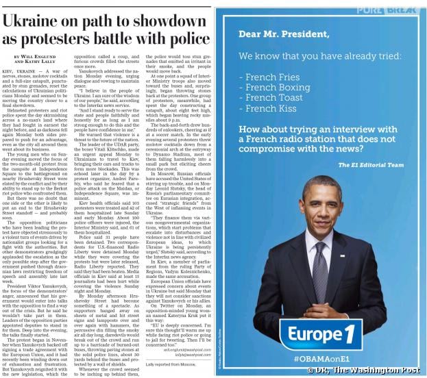 Europe 1 demande à interviewer Barack Obama par le biais d'une publicité publiée dans le Washington Post américain.