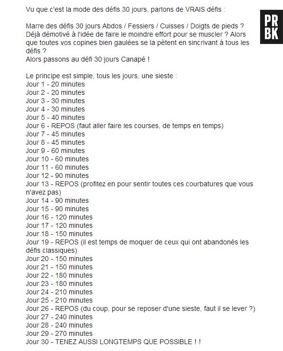 Parodies de "Défi 30 jours" sur Facebook