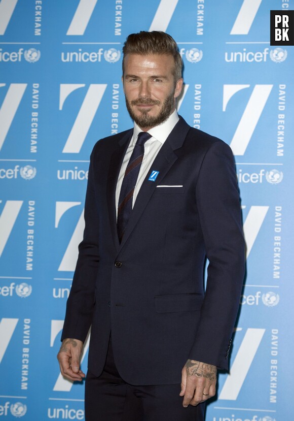 David Beckham prend la pose à l'événement de lancement de son nouveau projet caritatif "7" avec l'UNICEF, le 9 février 2015 à Londres