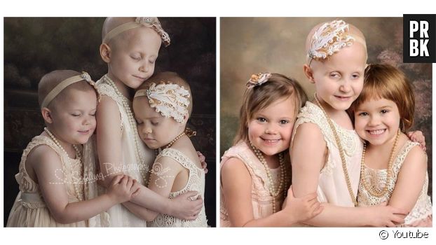 Trois petites filles guéries du cancer se retrouvent pour une photo souriante, un an après avoir été photographiées en plein dans la maladie.