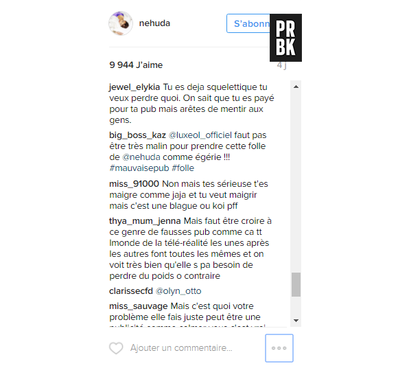 Nehuda fait du placement de produit minceur et se fait lyncher sur Instagram 