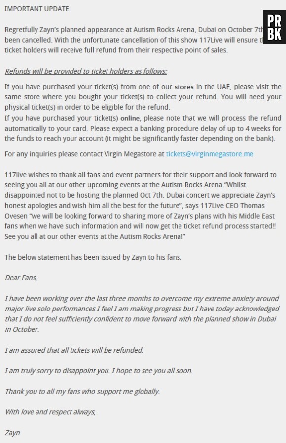 Zayn Malik s'excuse après l'annulation de son concert à Dubaï