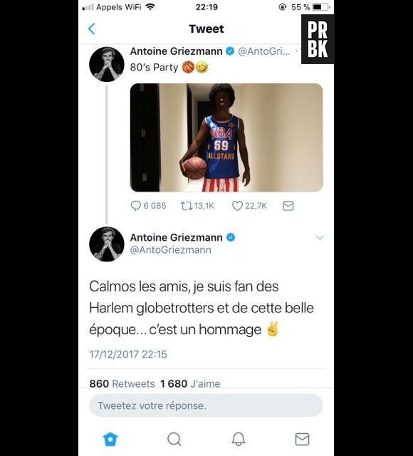 Antoine Griezmann lynché pour sa blackface, il efface son tweet puis s'excuse