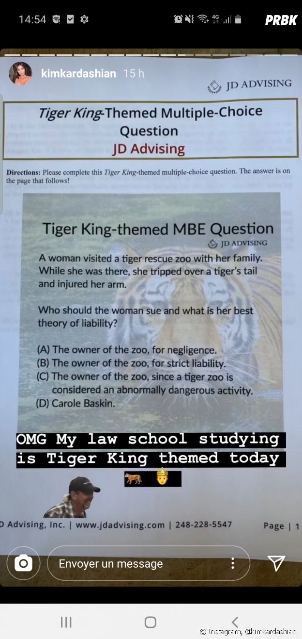Kim Kardashian passe un examen de droit... avec une question sur Carole Baskin vue dans Tiger King sur Netflix