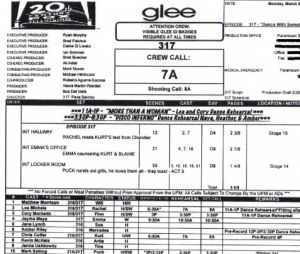 Une ancienne "call sheet" de la série Glee