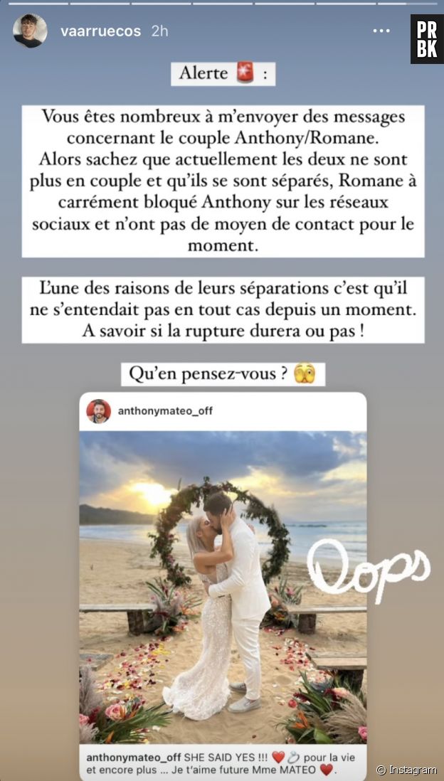 Vaarruecos annonce la rupture d'Anthony Matéo et Romane.