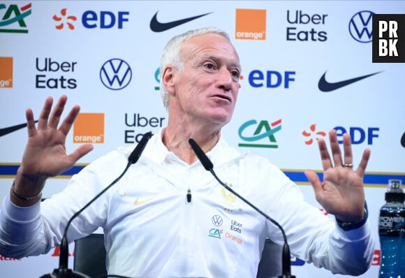 Le sélectionneur de l'équipe de France de football Didier Deschamps en conférence de presse avant le match de qualification à l'Euro 2024 contre les Pays-Bas au centre de formation et centre National du Footbal de Clairefontaine, France, le 20 mars 2023. © Federico Pestellini/Panoramic/Bestimage  French national football team coach Didier Deschamps at a press conference ahead of the Euro 2024 qualifying match against the Netherlands at the training center and National Footbal Center in Clairefontaine, France, on March 20, 2023.