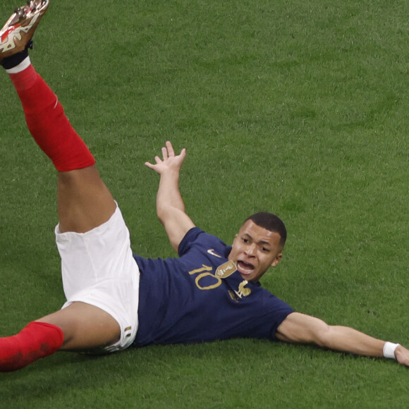 Kylian Mbappe of France reacts during the FIFA World Cup semifinals soccer match between France and Morocco at Al Bayt Stadium in Al Khor, Qatar, 14 December 2022. Photo by Alberto Estevez/Efe/ABACAPRESS.COM